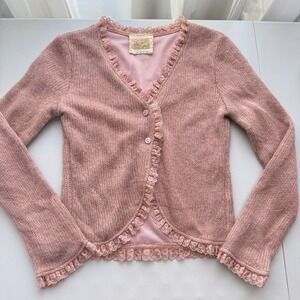 Womens Femme Pink Metallic Knit Lace Trim Cardigan Small Fairy Ethereal coquette